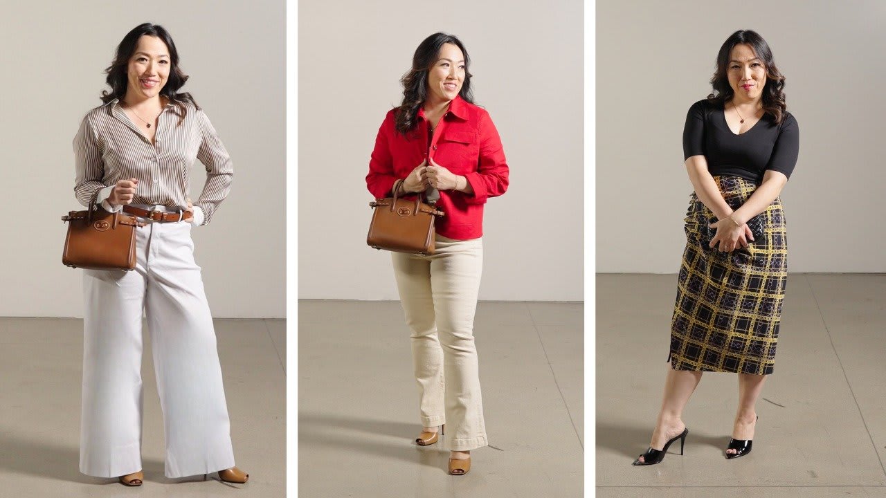 A woman poses in three different outfits: wide-leg pants and striped shirt, red jacket with beige pants, and a black top with a yellow plaid skirt. She holds a brown handbag in each look.